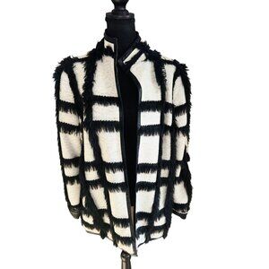 W By Worth Black White Womens M Checkered Boxy Faux Fur Coat City Artsy Glam